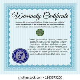 Light blue Warranty Certificate template. Money Pattern design. With linear background. Customizable, Easy to edit and change colors. 