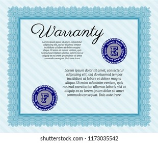 Light blue Warranty Certificate template. Easy to print. Customizable, Easy to edit and change colors. Good design. 