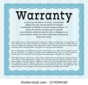 Light blue Warranty Certificate template. Retro design. With great quality guilloche pattern. Detailed. 