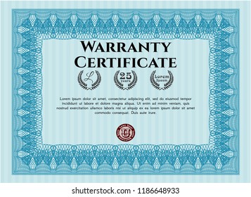 Light blue Warranty Certificate template. Detailed. With guilloche pattern. Good design. 