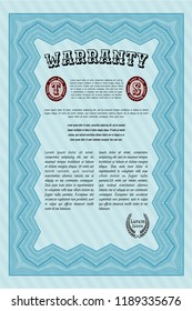 Light blue Warranty Certificate template. Vector illustration. Printer friendly. Excellent design. 