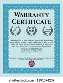 Light blue Warranty Certificate template. Sophisticated design. Complex background. Customizable, Easy to edit and change colors. 