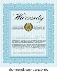 Light blue Warranty Certificate template. With great quality guilloche pattern. Money Pattern. Customizable, Easy to edit and change colors. 