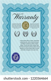 Light blue Warranty Certificate template. Perfect design. With guilloche pattern. Customizable, Easy to edit and change colors. 