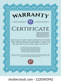 Light blue Warranty Certificate template. Elegant design. Vector illustration. With linear background. 