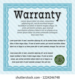 Light blue Warranty Certificate template. Perfect design. Detailed. With guilloche pattern and background. 