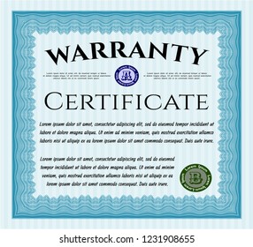 Light blue Warranty Certificate template. Customizable, Easy to edit and change colors. With complex linear background. Money design. 
