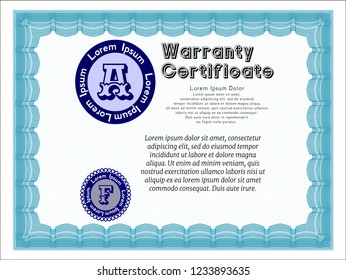 Light blue Warranty Certificate template. Easy to print. Detailed. Elegant design. 