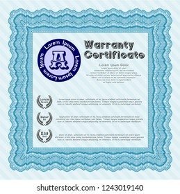 Light blue Warranty Certificate template. Artistry design. Easy to print. Vector illustration. 