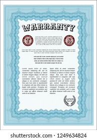 Light blue Warranty Certificate template. Cordial design. With great quality guilloche pattern. Customizable, Easy to edit and change colors. 