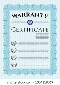 Light blue Warranty Certificate template. Detailed. With guilloche pattern and background. Money style design. 