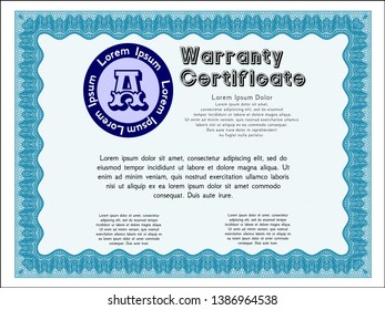 Light blue Warranty Certificate template. Perfect design. Vector illustration. Printer friendly. 