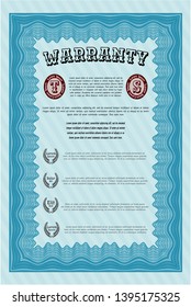 Light blue Warranty Certificate template. Money Pattern design. Detailed. With great quality guilloche pattern. 
