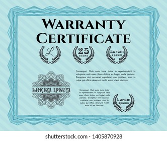 Light blue Warranty Certificate template. Customizable, Easy to edit and change colors. With background. Modern design. 
