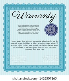 Light blue Warranty Certificate template. With linear background. Money Pattern design. Detailed. 
