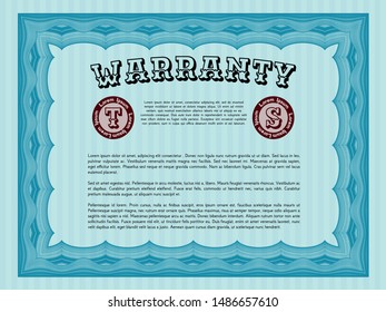 Light blue Warranty Certificate template. Nice design. With great quality guilloche pattern. Detailed. 