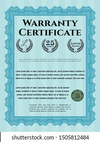 Light blue Warranty Certificate template. Money Pattern design. Customizable, Easy to edit and change colors. With linear background. 