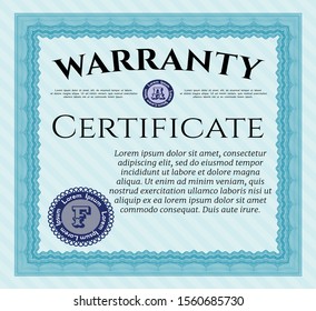 Light blue Warranty Certificate template. Customizable, Easy to edit and change colors. With complex linear background. Money Pattern design. 