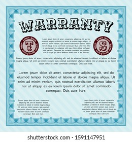 Light blue Warranty Certificate template. Lovely design. With linear background. Detailed. 