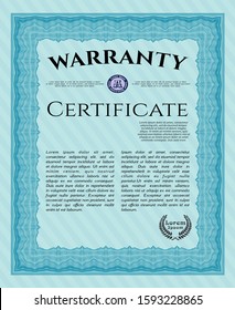 Light blue Warranty Certificate template. With great quality guilloche pattern. Lovely design. Vector illustration. 