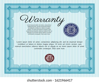 Light blue Warranty Certificate template. Money design. With great quality guilloche pattern. Customizable, Easy to edit and change colors. 