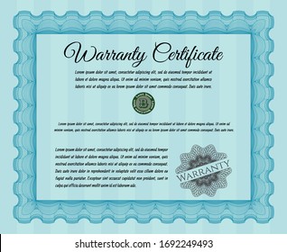Light blue Warranty Certificate template. Printer friendly. Detailed. Elegant design. 