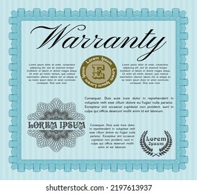 Light blue Warranty Certificate template. Modern design.  With guilloche pattern.  Vector illustration. 