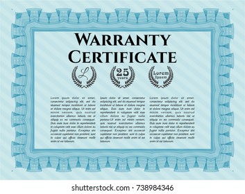 Light blue Warranty Certificate template. Sophisticated design. With complex linear background. Detailed. 