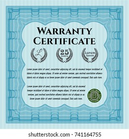 Light blue Warranty Certificate template. Nice design. Vector illustration. With quality background. 