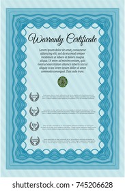 Light blue Warranty Certificate template. Printer friendly. Detailed. Elegant design. 