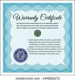 Light blue Warranty. With complex linear background. Cordial design. Detailed. 
