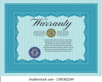 Light blue Warranty. Cordial design.  With great quality guilloche pattern.   