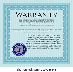 Light blue Warranty. Good design. Detailed. With complex background. 