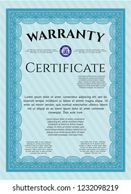 Light blue Warranty template. Excellent design. Vector illustration. With great quality guilloche pattern. 