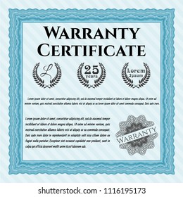 Light blue Warranty template. With great quality guilloche pattern. Vector illustration. Money Pattern. 