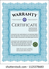 Light blue Warranty template. Lovely design. Detailed. With great quality guilloche pattern. 