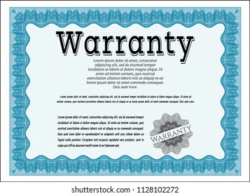 Light blue Warranty template. Modern design. With great quality guilloche pattern. Customizable, Easy to edit and change colors. 