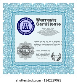 Light blue Warranty template. Money Pattern design. Detailed. With guilloche pattern and background. 