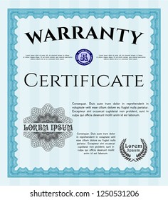 Light blue Warranty template. Money Pattern design. Detailed. With guilloche pattern and background. 