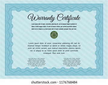 Light blue Warranty template. Printer friendly. Money Pattern design. Detailed. 