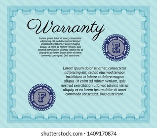 Light blue Warranty template. Printer friendly. Money Pattern. Detailed. 