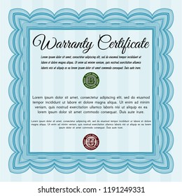 Light blue Warranty template. Vector illustration. With guilloche pattern and background. Modern design. 