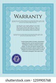 Light blue Warranty template. Vector illustration. With guilloche pattern and background. Artistry design. 