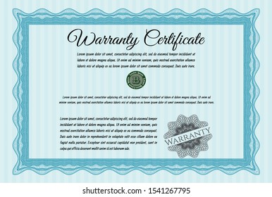 Light blue Warranty template. Vector illustration. With guilloche pattern. Elegant design. 
