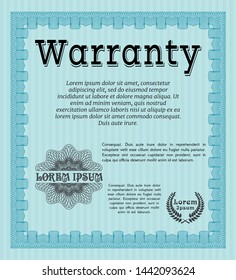 Light blue Warranty. Vector illustration. With guilloche pattern and background. Elegant design. 