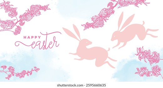 Light blue watercolor Easter banner design with hand drawn vector cute rabbits, line art spring flowers like cherry blossoms branches. Awesome font design written Happy Easter. 