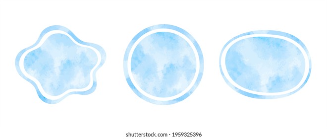 Light blue watercolor vector liquid shapes, frames set. Ring, circle, oval, round water template. Watercolour stains texture. Hand drawn painted graphic design elements, aquatic text backgrounds