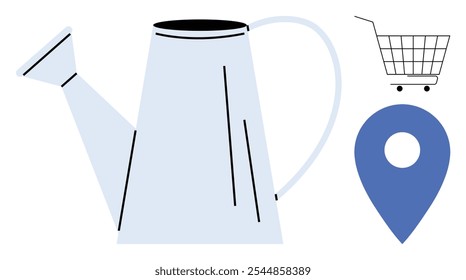 A light blue watering can with black details stands next to a blue location pin and a simple shopping cart icon in black and white. Ideal for gardening, e-commerce, navigation, shopping, online