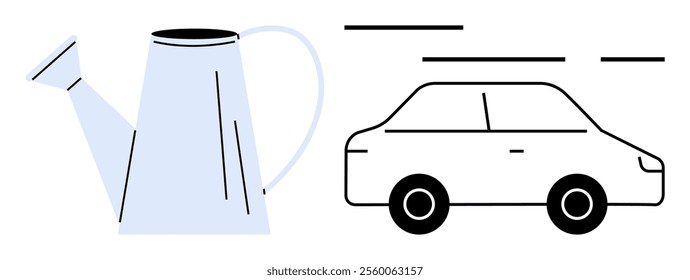 A light blue watering can and a black outlined car with motion lines in minimalist, style Ideal for concepts of gardening and transportation household items eco-friendliness and simple designs