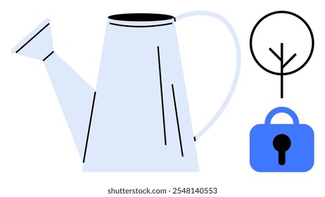 Light blue watering can rests beside a simple abstract tree representation and a blue lock. Ideal for gardening, nature, security, environment, and home safety topics. Simple flat style